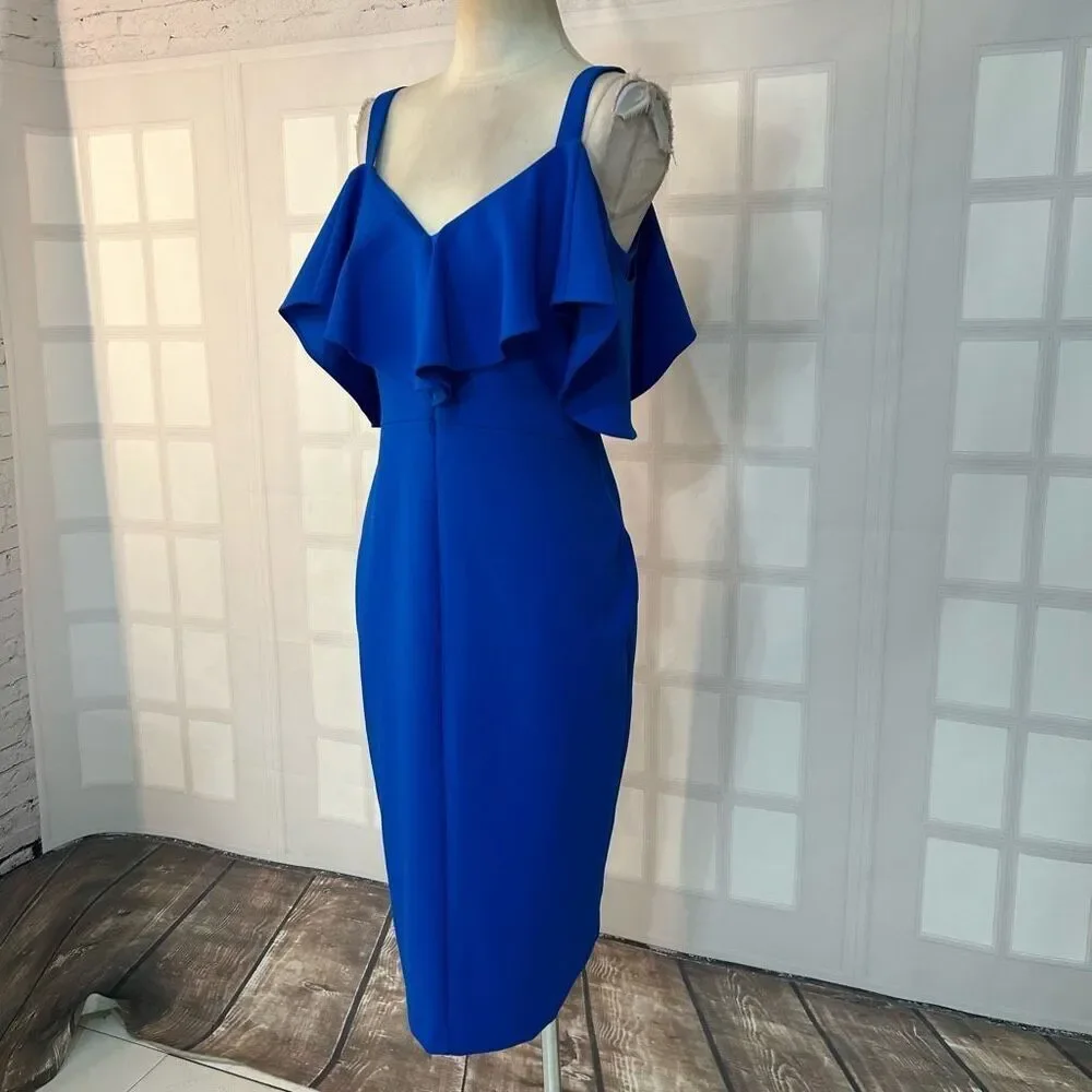 Rachel Roy Cold Shoulder blue flounce pencil Dress Size Large